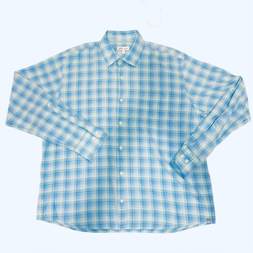 Peter Millar Mens Shirt 100% Cotton Teal Blue Plaid Long Sleeve Button Up Sz XL - Picture 2 of 5
